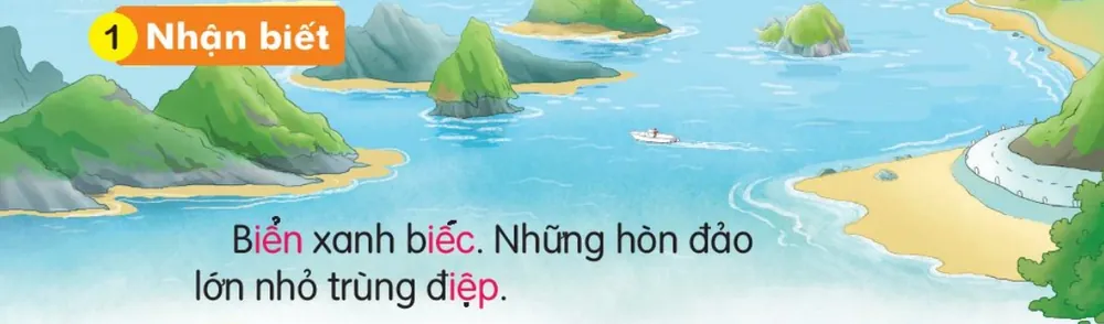 biển xanh với nhiều hòn đảo. Câu dưới tranh: "Biển xanh biếc. Những hòn đảo lớn nhỏ trùng điệp."