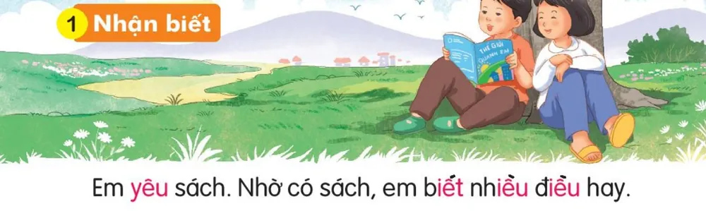 hai bạn nhỏ ngồi dưới gốc cây đọc sách. Câu dưới tranh: "Em yêu sách. Nhờ có sách, em biết nhiều điều hay."