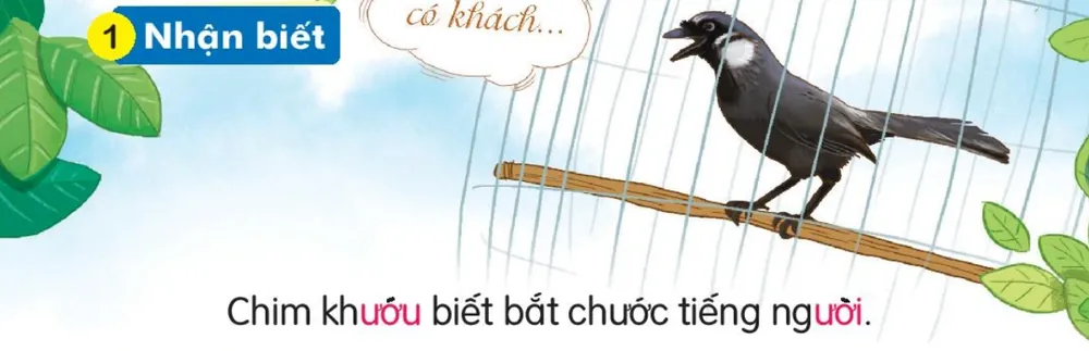 chim khướu trong lồng, bong bóng lời "có khách...". Câu dưới tranh: "Chim khướu biết bắt chước tiếng người."