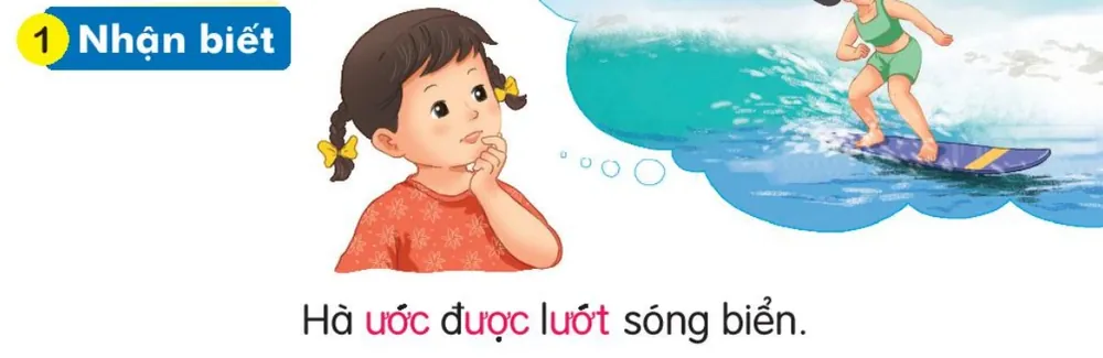 Hà mơ được lướt ván trên sóng biển. Câu dưới tranh: "Hà ước được lướt sóng biển."