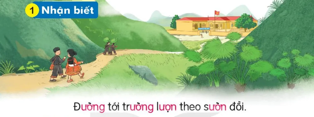 hai bạn nhỏ đi trên con đường men sườn đồi tới trường. Câu dưới tranh: "Đường tới trường lượn theo sườn đồi."