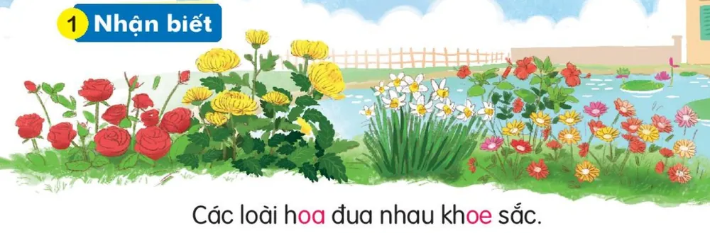 vườn hoa nhiều màu bên hồ nước. Câu dưới tranh: "Các loài hoa đua nhau khoe sắc."