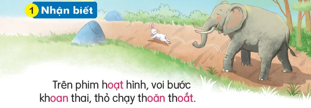 chú voi thong thả bước, chú thỏ chạy vụt qua. Câu dưới tranh: "Trên phim hoạt hình, voi bước khoan thai, thỏ chạy thoăn thoắt."