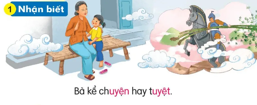 bà ngồi kể chuyện cho cháu nghe, bên cạnh là hình Thánh Gióng cưỡi ngựa sắt. Câu dưới tranh: "Bà kể chuyện hay tuyệt."