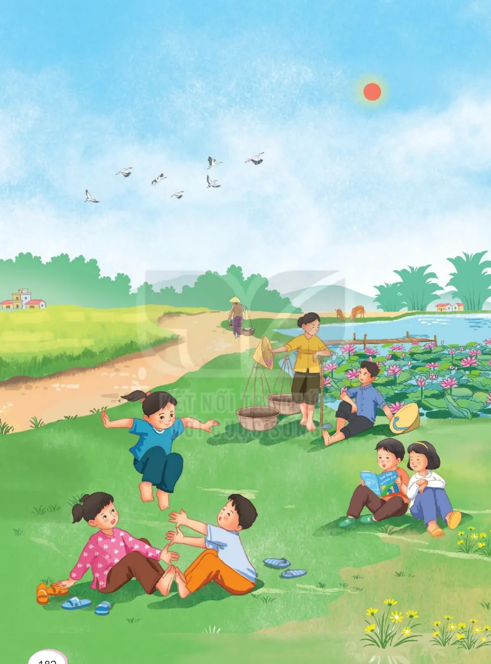 cánh đồng làng quê bên đầm sen; các bạn nhỏ chơi đùa, đọc sách trên bãi cỏ, người lớn gánh hàng và nghỉ ngơi.